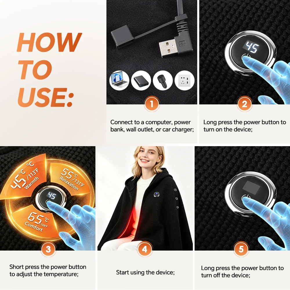 Heated Shawl Wearable Heated Blanket Graphene Heating Shawl with 3 Heat Levels Hooded Design USB Powered Portable Body Warmer