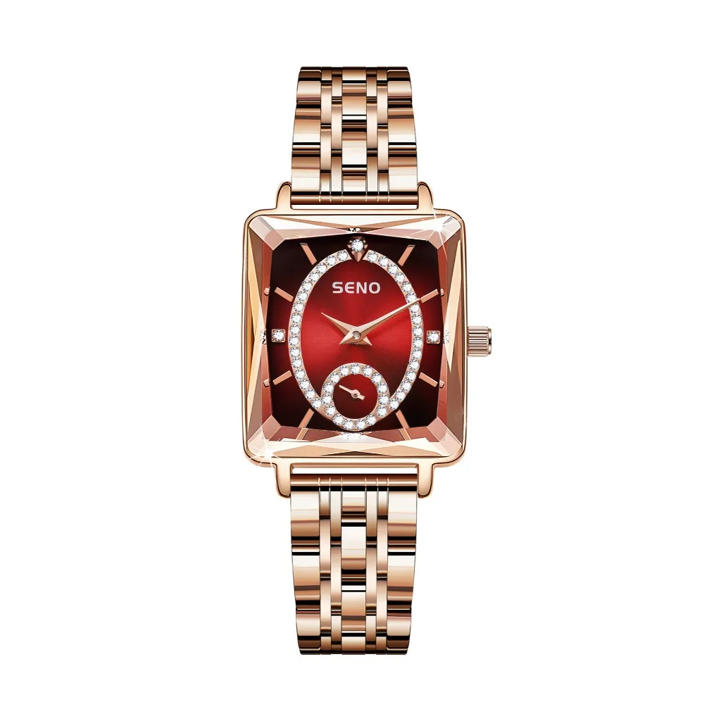 SENO Women's Luxury Square Quartz Watch Stainless Steel Milanese Strap Ladies Wristwatch with Diamond Dial World Time Function