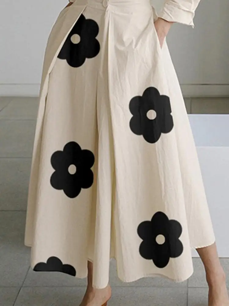 Yeezzi Koreaanse Mode Bloemenprint Revers Geplooide Party A-lijn Jurk Lente Herfst Lange Mouwen Casual Midi Jurken Voor Vrouwen