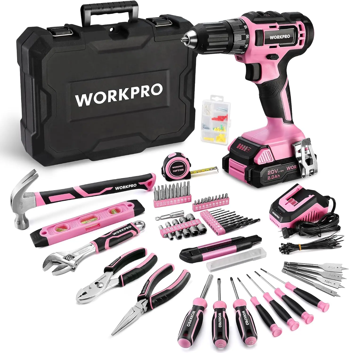 

20V Pink Cordless Drill Driver and Home Tool Set, 141PCS Hand Tool Kit for DIY, Home Maintenance, 2.0 Ah Li-ion Battery, 1 Hour