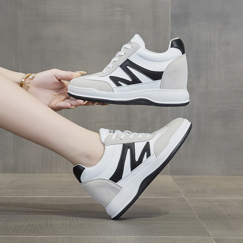 

7cm Platform Sneakers for Women Microfiber Leather Women Casual Shoes Comfortable Non Slip Walking Shoes Heel Autumn