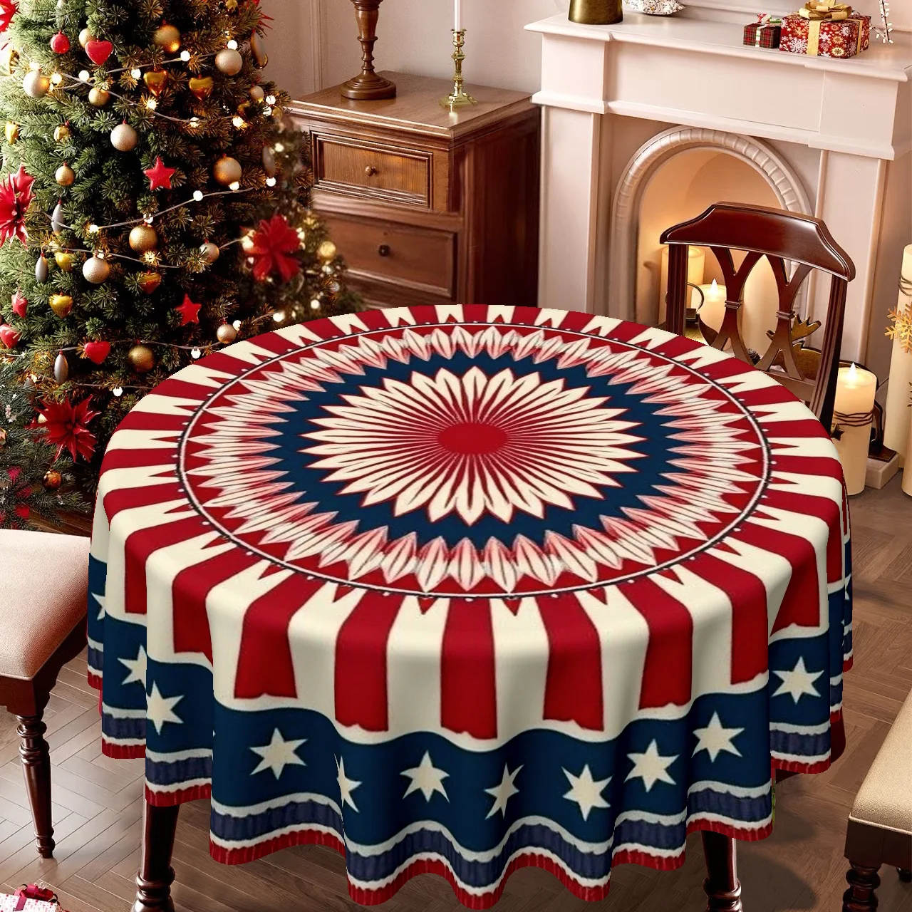 A round tablecloth with red, white and blue stripes for Christmas, Easter and patriotic occasions