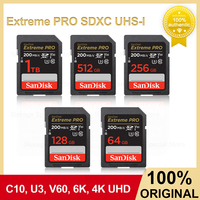 SanDisk SD Card Extreme PRO SDXC V30 4K C10 UHS-I 64G 128G 256G 512G 32G SDHC High Speed Up to 200MB/s SD Memory Card for Camera