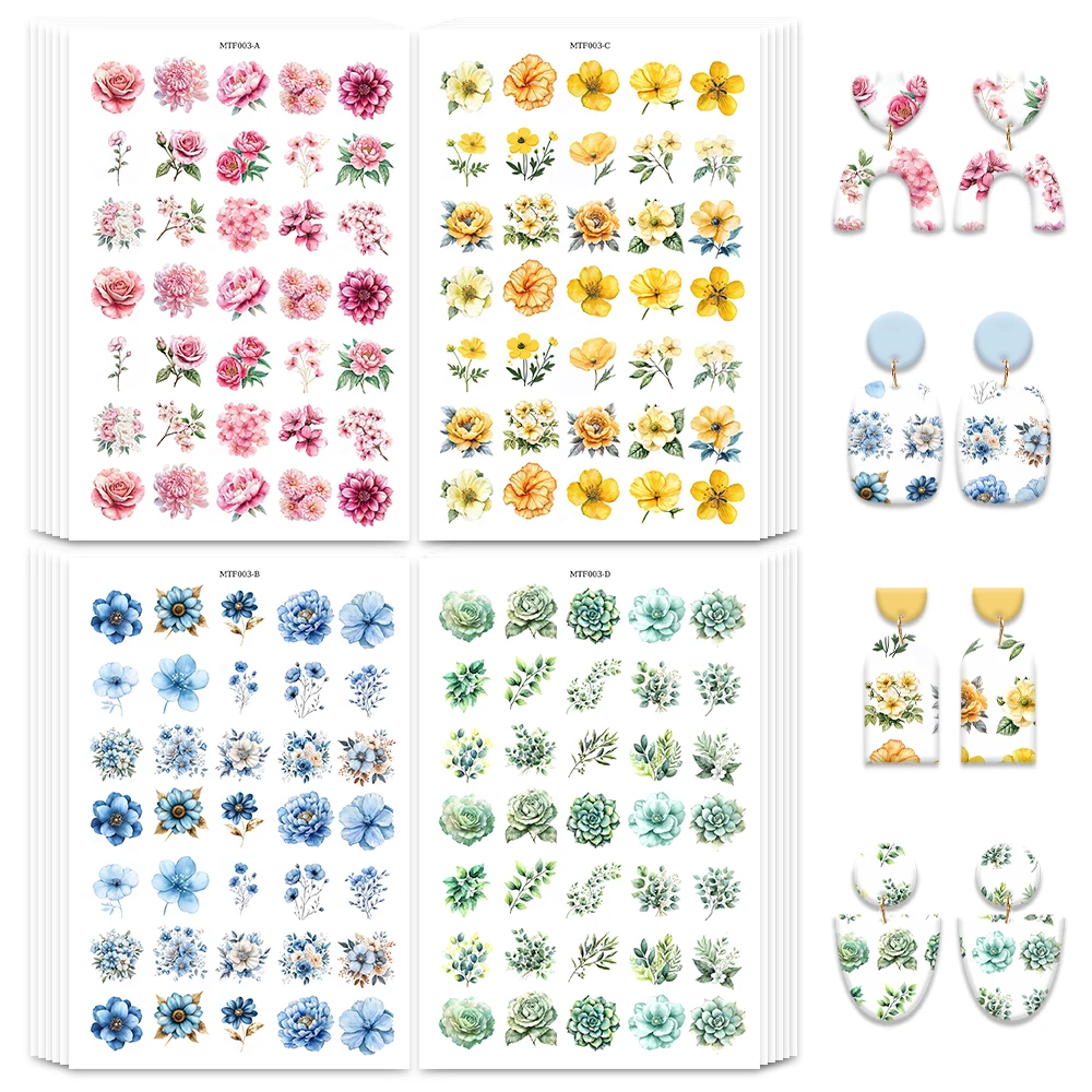 Pink Yellow Blue Spring Floral Polymer Clay Water Transfer Paper Disposable Waterslide Decal for DIY Earrings Jewelry Making
