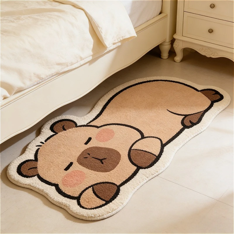 VIKAMA Sleeping Capybara Shaped Cartoon Rug 2D Fluffy Print Non Slip Soft Irregular Kids Bedroom Balcony Floor Mat