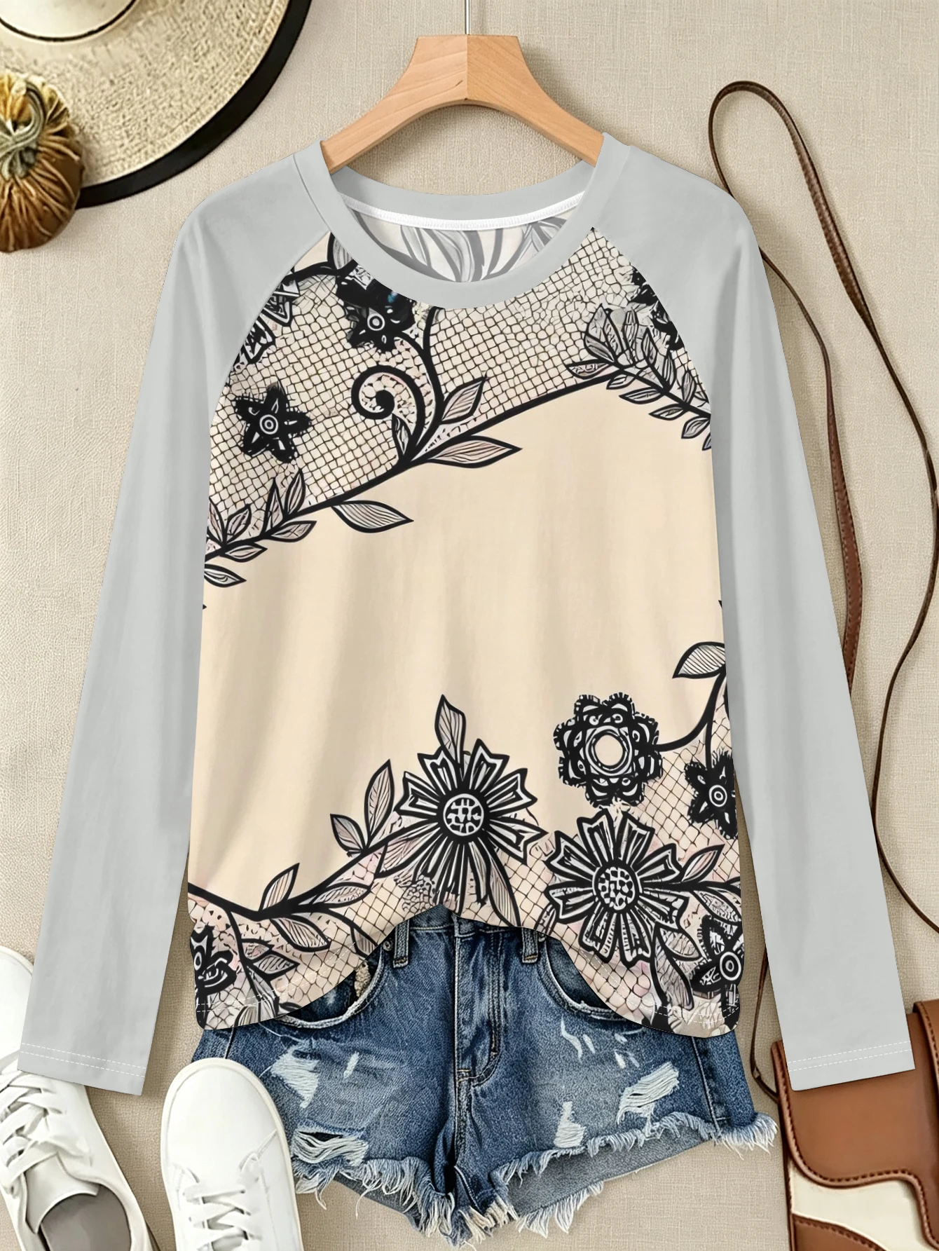 Kaos Wanita 2026 Berbahan Lace - Printed Floral Shirt ulasan dan harga