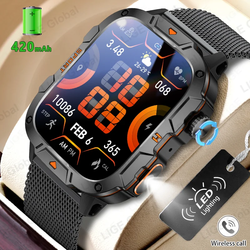 

Смарт-часы LIGE Military для мужчин, с беспроводными звонками, фитнес-трекером, аккумулятором 420 мАч, LED-фонариком, спортивные смарт-часы для женщин, для IOS и Android 2026