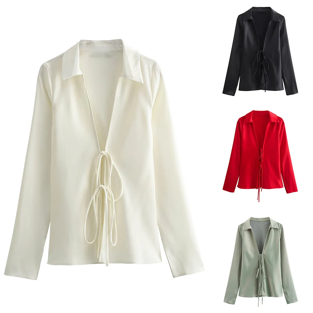 

Женская модная блузка с длинным рукавом, V-образным вырезом и бантом, повседневная однотонная рубашка для всех сезонов, доступна в размерах XS-L