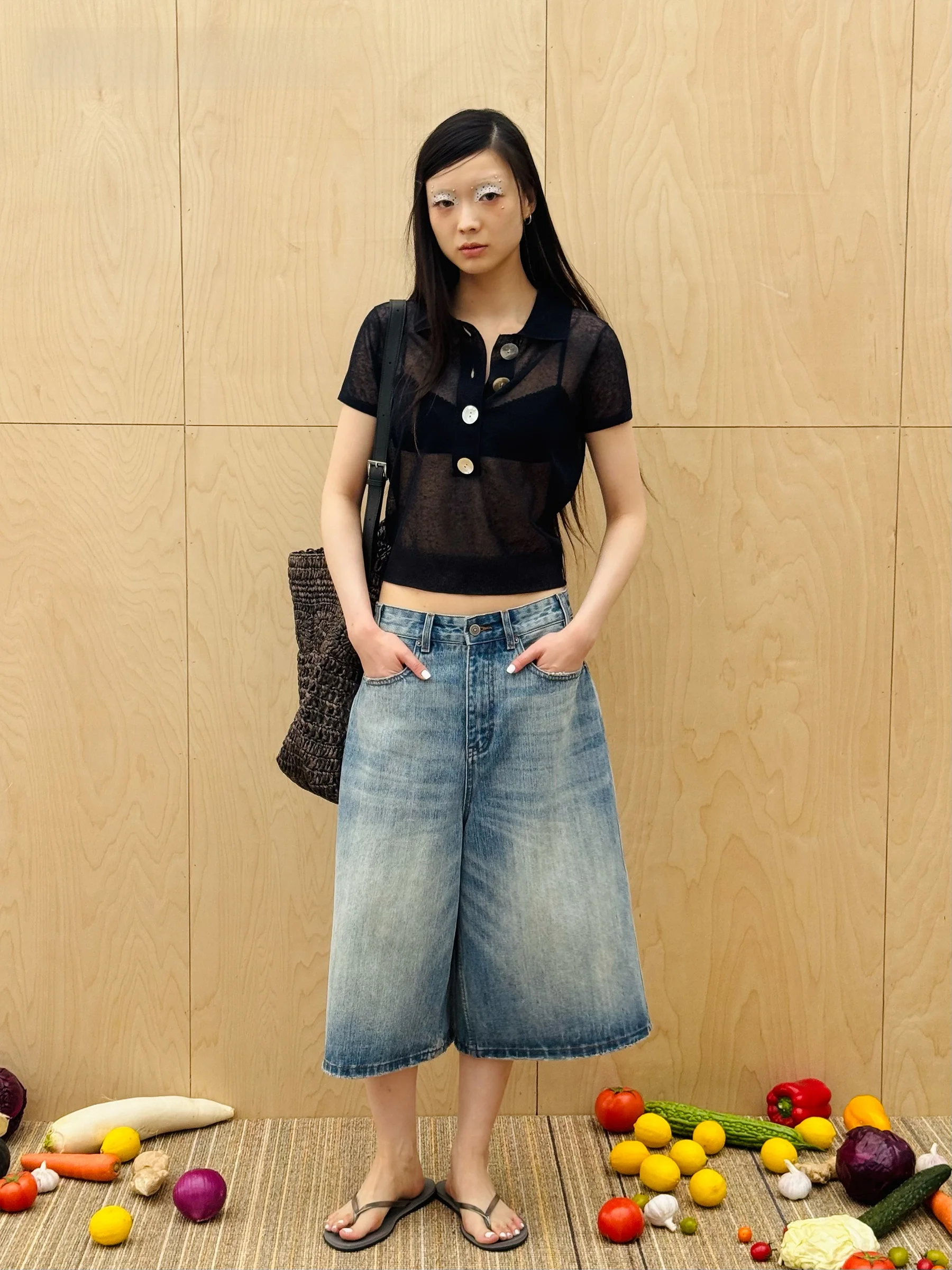 VERMO Vintage Vertical Bamboo Texture Washed Loose Wide Leg Seven Inch Jeans Casual Cotton Denim Pants Neutral Style