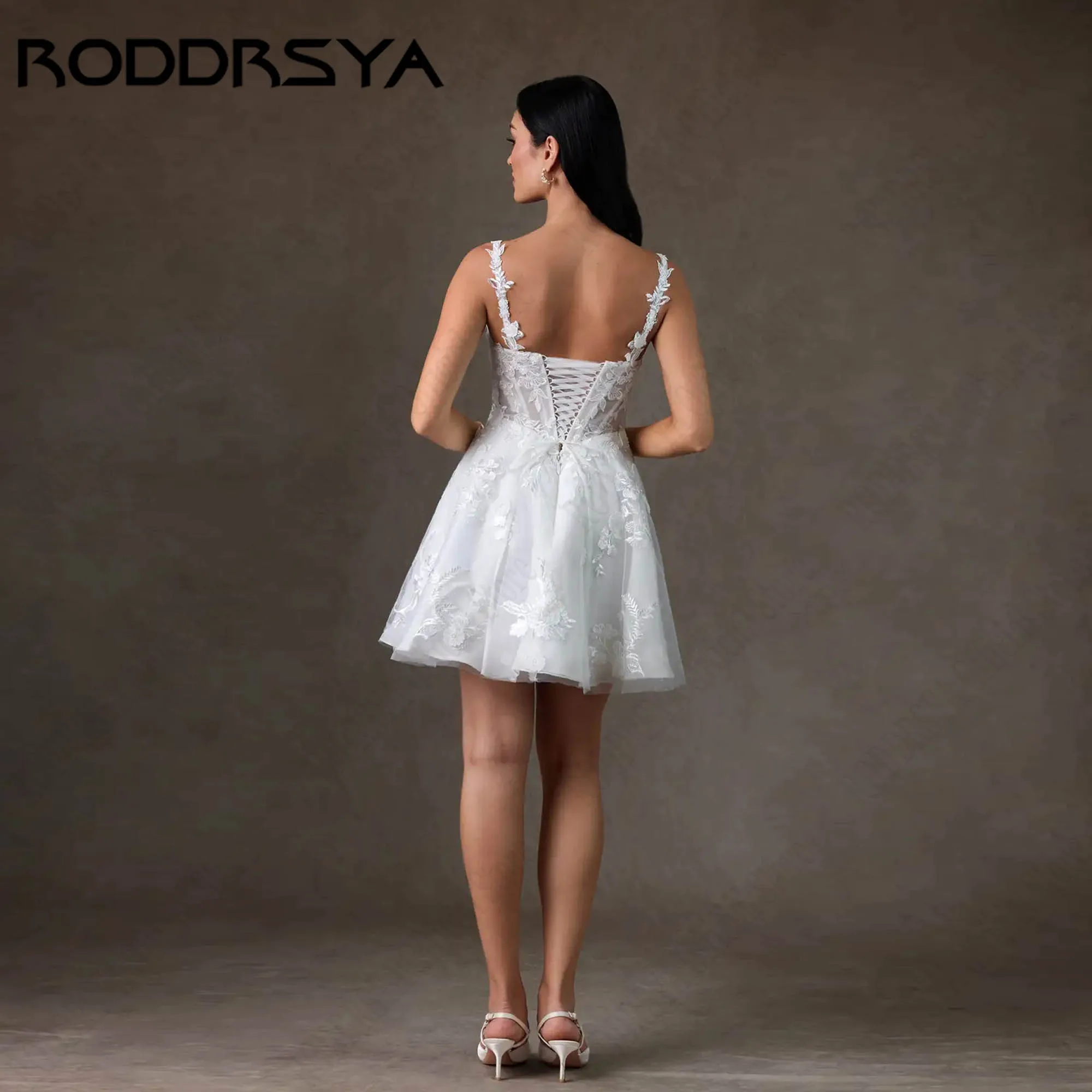 RODDRSYA Mini A-line Little White Wedding Dress for Destination Appliques Spaghetti Straps Backless Bridal Party Gown Customized