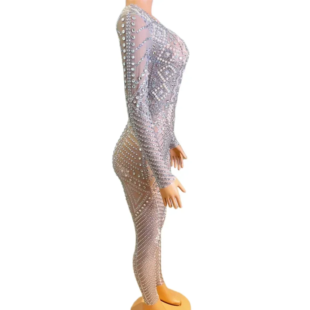 Shining Crystal Rhinestones Pearls Long Sleeves Sexy Jumpsuits For Women Nightclub Prom Wear Stage Perform Costume Pole DJ Cloth