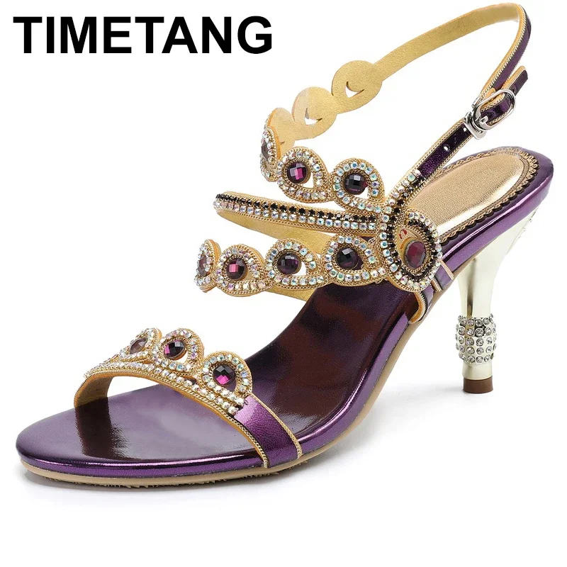 

TIMETANG2021New Summer Rhinestone Gladiator Leather Sandals Crystal HighHeels Women Ladies Bridesmaid Wedding Shoes SandalsE1086