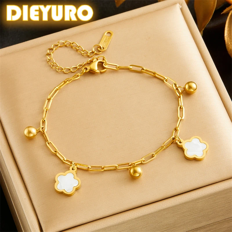 

DIEYURO 316L Stainless Steell White Five Leaf Flower Bracelet Womens 2024 New Concise Trend Non-fading Hand Chain Jewelry Gift