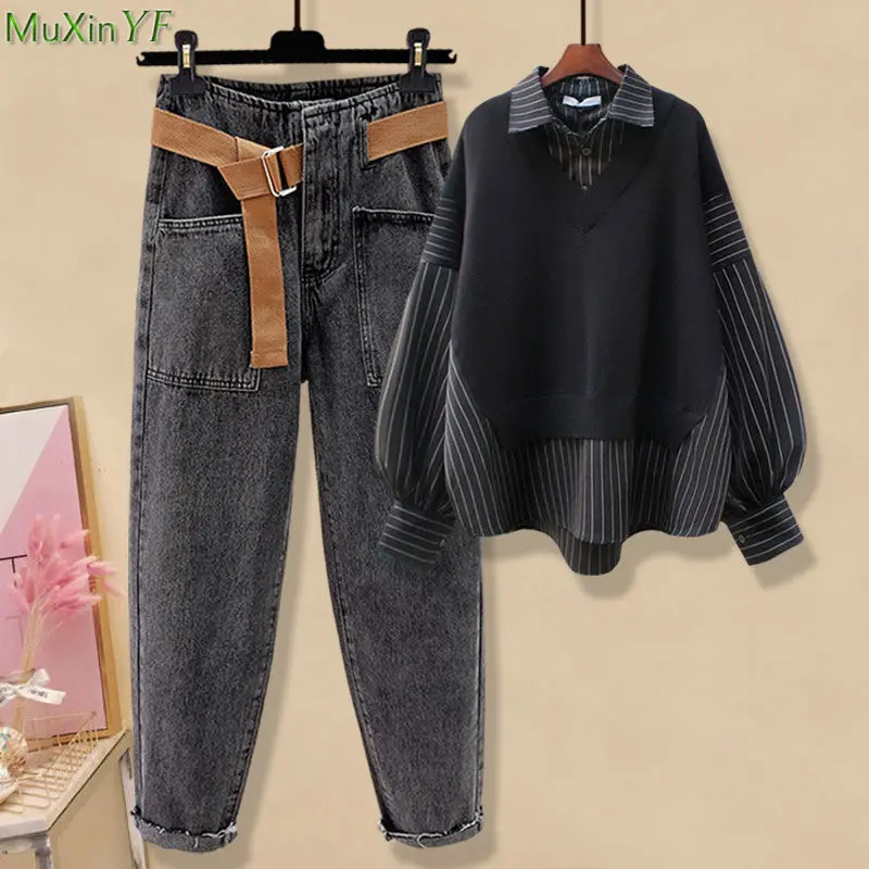 Women's Spring Autumn Casual Stripe Patchwork Shirts Denim Pants 1 or Two Piece Set Lady Loose Long Sleeve Tops Jeans Outfits