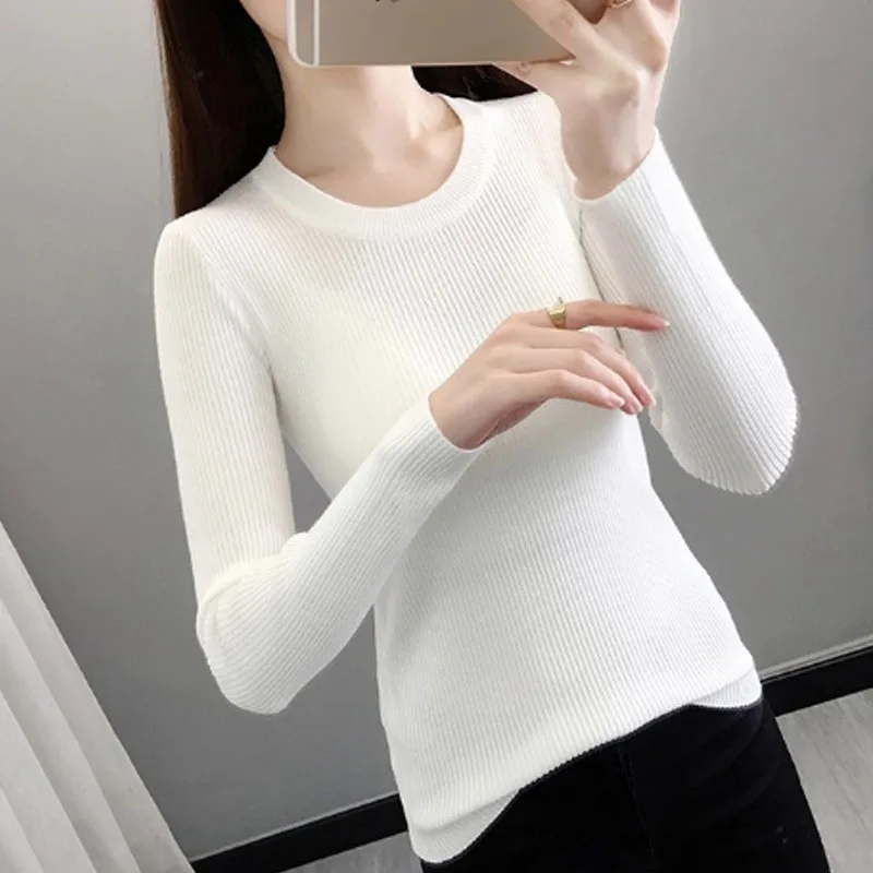 

Black White O-Neck Knitted Sweater Women Pullovers New Long Sleeve Slim Knit Sweater Pullover Women Tops Sueters De Mujer Q1743