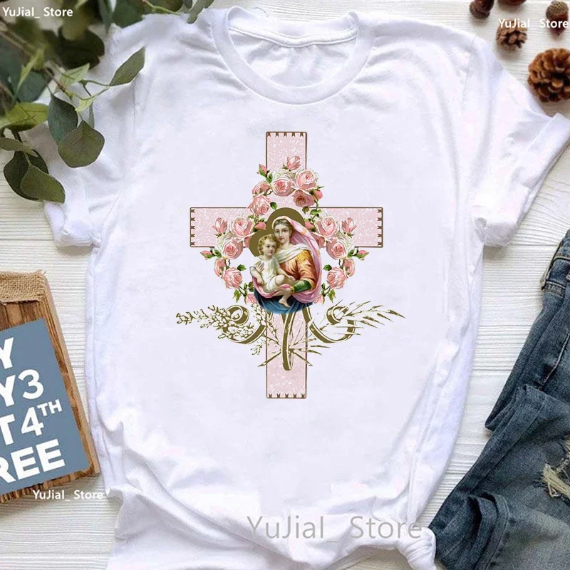 Virgin Mary Guadalup Christmas Gift Print T Shirt Girls Summer Fashion Jesus Tshirt Women Harajuku Shirt Summer Tops Tee Shirt