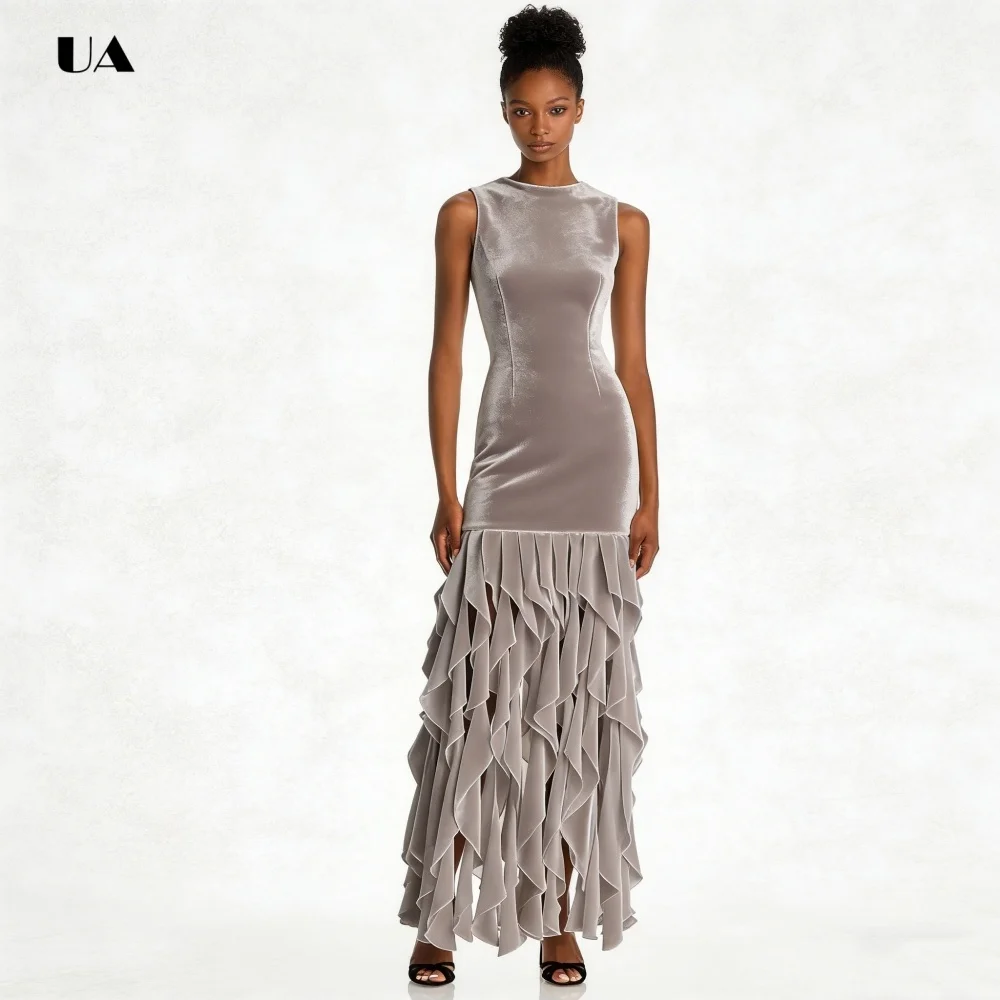 

Long Sleeveless Prom Dress with O-neck, Solid Velvet Evening Dresses for Women, Classic Draped Customized Party Gown