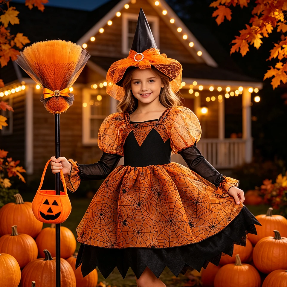 Kids Spider Web Tulle Witch Dress for Girls Halloween Cosplay Pumpkin Witch Performance Masquerade Carnival Children's Costume