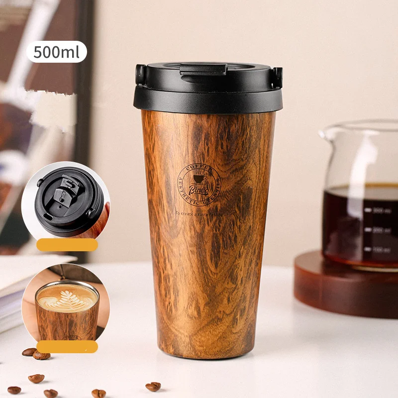 Wood Grain Coffee Mug Thermal Cup Stainless Steel Liner Vacuum Flask Leak-Proof Car Thermal Bottle Travel Tumbler