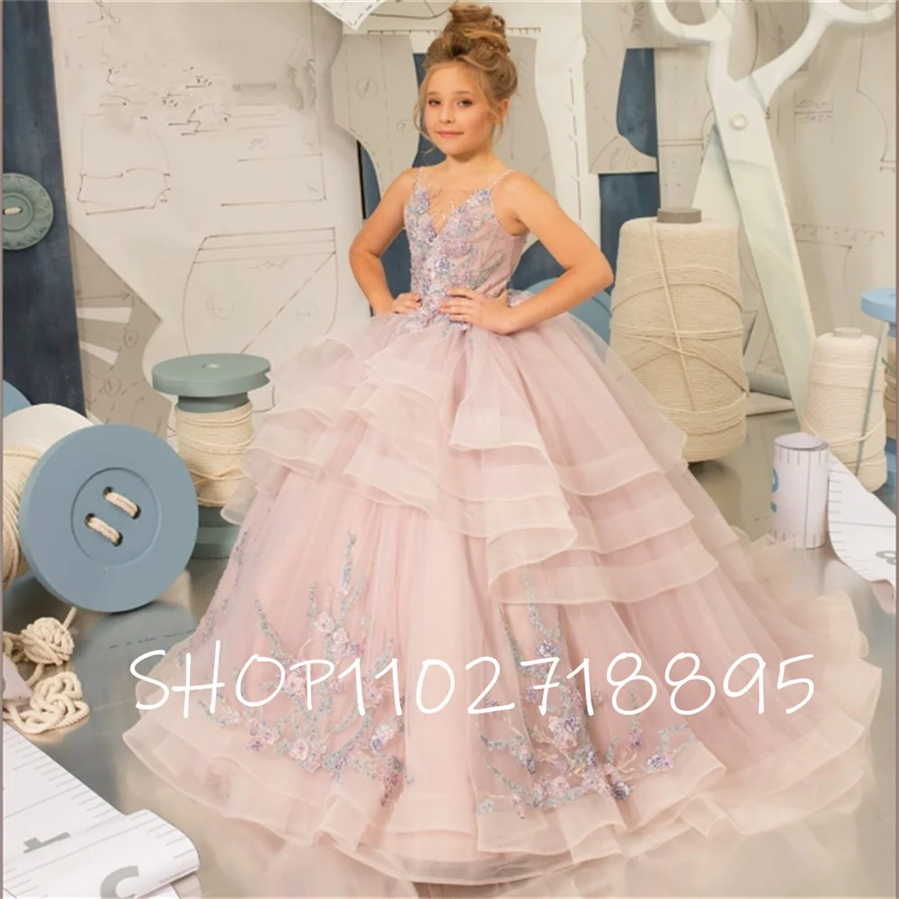 Rosa soffice a strati senza maniche in pizzo Applique Flower Girl Dress Wedding Sweet Little Flower children's eucarthday Dress