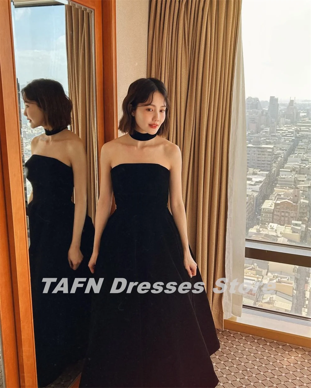 TAFN Black A-line Elegant Evening Dresses Strapless Sleeveless Prom Party Dresses Simple French robes de soirée