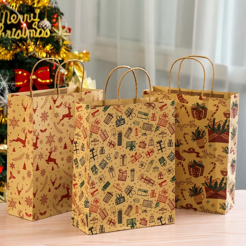 10pcs-christmas-gift-bag-kraft-paper-bag-party-candy-gifts-packaging-cartoon-elk-snowman-christmas-tree-printed-tote-bags