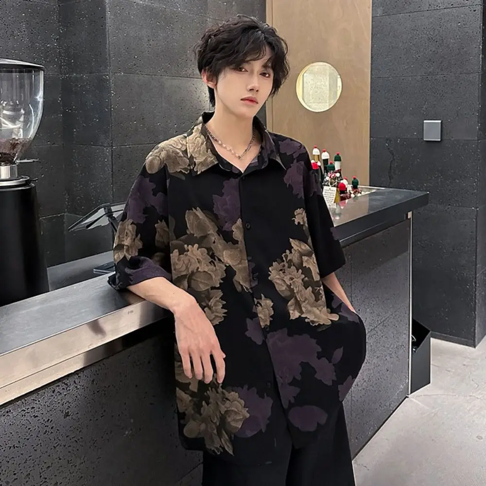 Camicie da spiaggia larghe alla moda da uomo con risvolto abbottonato da donna camicetta a fiori con scollo a V Y2K camicie a maniche corte per le vacanze