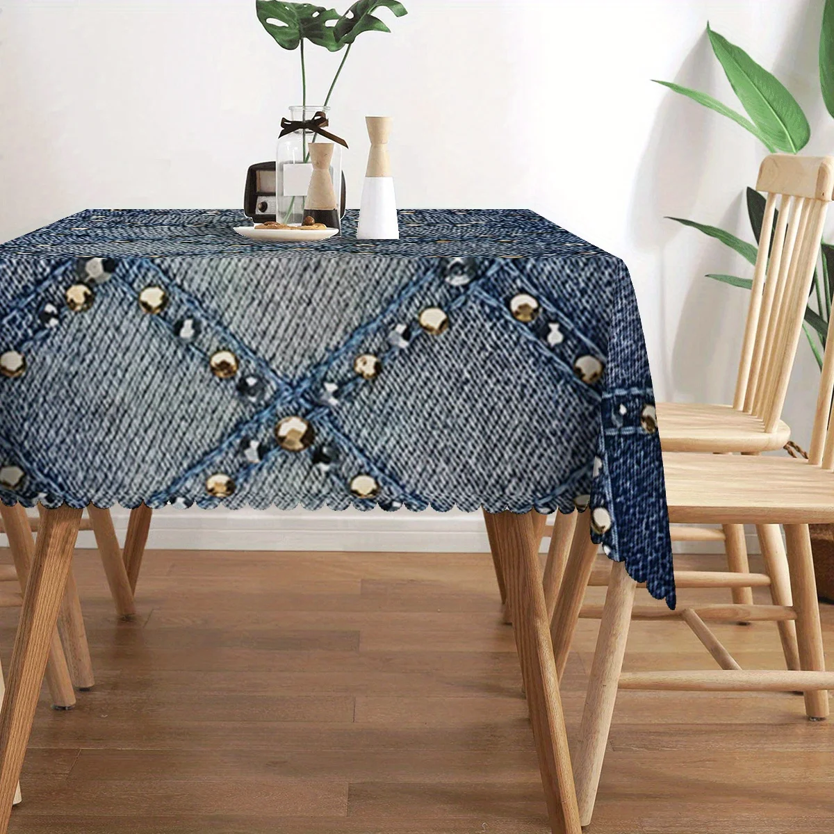 JIT, 1pc beautiful blue denim diamond-shaped geometric and gemstone pattern printed rectangular tablecloth.zyc
