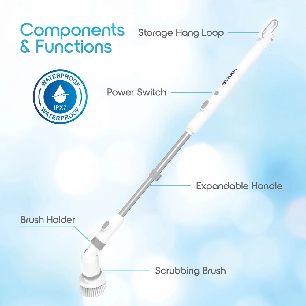 Electric Spin Scrubber Cordless Rechargeable Cleaning Brush with 9 Attachments and Expandable Handle Multi-Surface Use