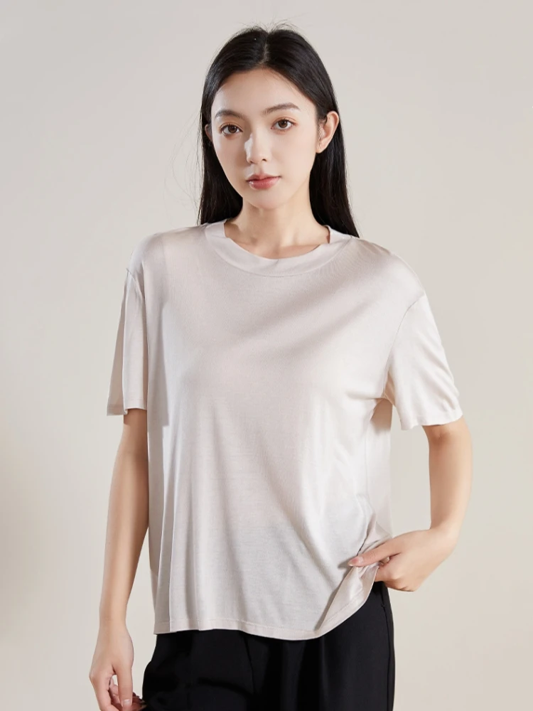 Birdtree, 100% Real Silk Solid Tshirt, O-neck Knitted Basics Tops, Women's Short Sleeve Shirt, 2026 Spring Clothes T61017JF