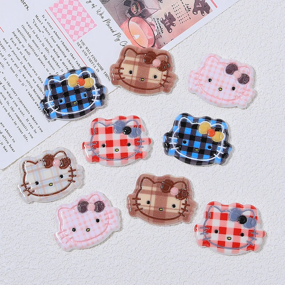 5pcs Plaid Cat Head Patch Cartoon Handmade DIY Homemade Hairpin Sanrio Hello Kitty Resin Flatback Cabochons Jewelry Material