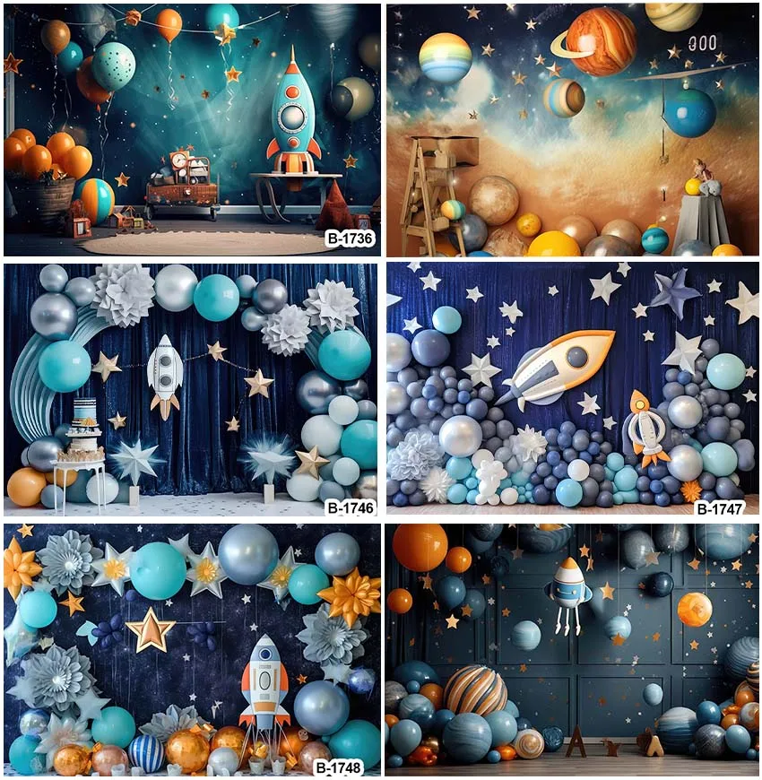 

Spacecraft Boys Happy Birthday Party Photography Backdrops Balloons Cake Smash Universe Planet Baby Shower Backgrounds Banner