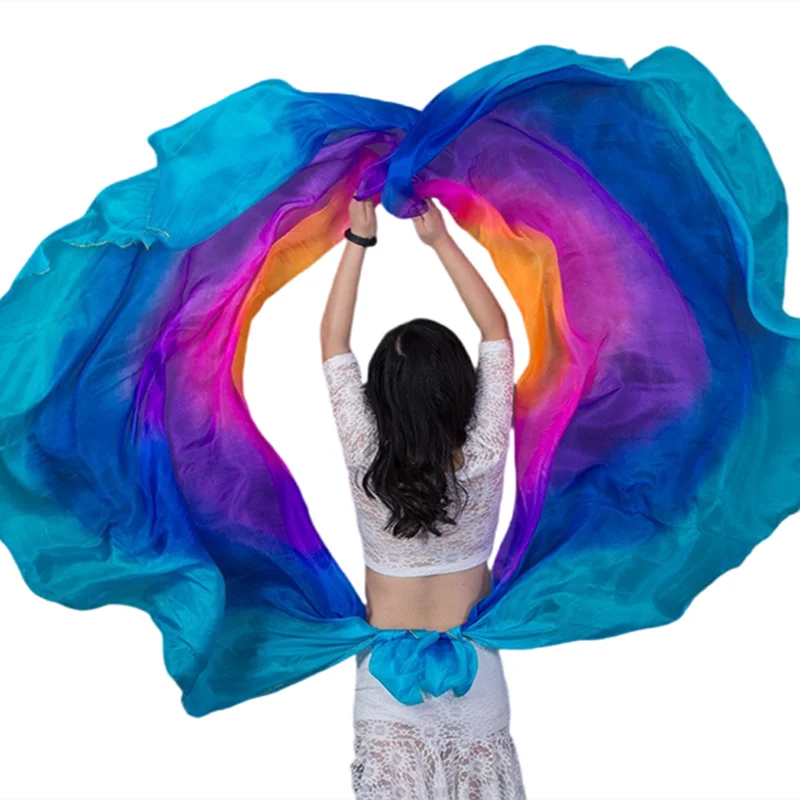 100% Velos de seda de medio círculo, accesorios de rendimiento de escenario de danza del vientre, chal de Color degradado, forma de luna semiredonda, 250x114cm, adoración