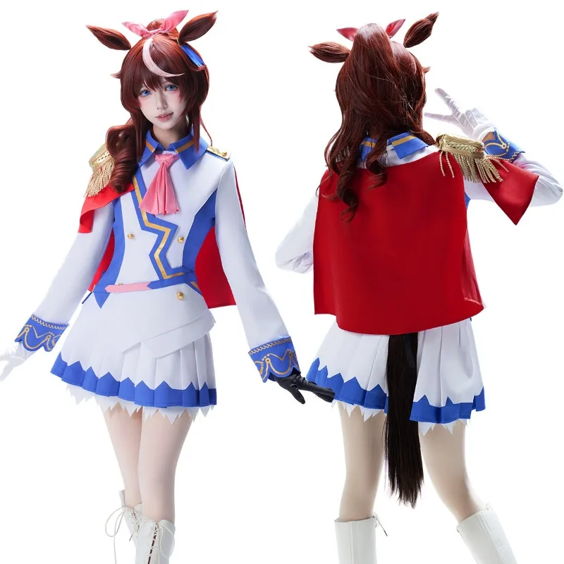 Disfraz de Cosplay del Juego Tokai Teio, Uniforme Azul y Blanco con Falda y Accesorios, Conjunto Completo para Juego de Roles para Mujeres