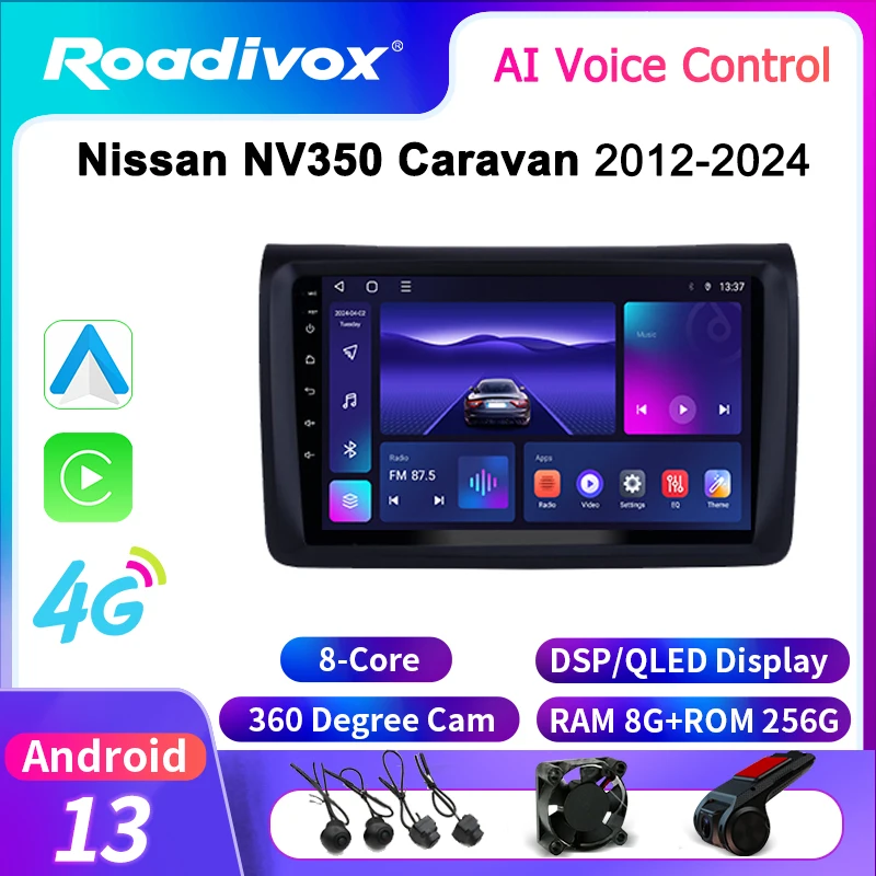 roadivox Android car radio fo Nissan NV350 Caravan 2012 2024 stereo GPS Navigation video Multimedia Player tape recorder