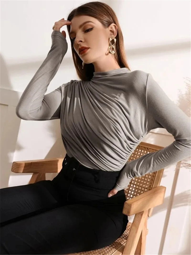 Women Long Sleeve T-shirt Elastic Solid Color Going Out Tops Ruched Fashion Elegant Softy Slim Crop Fall Tops New 2024