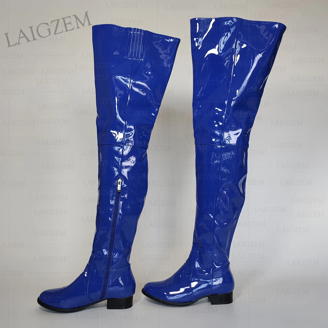 ZHIMA Buty damskie na kolanach Okrągły nosek Boczny zamek błyskawiczny Niskie obcasy Wysokie buty za udo Ręcznie robione buty damskie Kobieta Duży