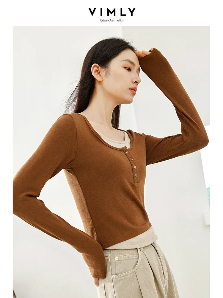 Vimly Contrast Fake 2 Piece Pullover T-shirt Female Autumn O-neck Long Sleeve Tops 2023 Fall New High Strecth Slim Tshirt M5119