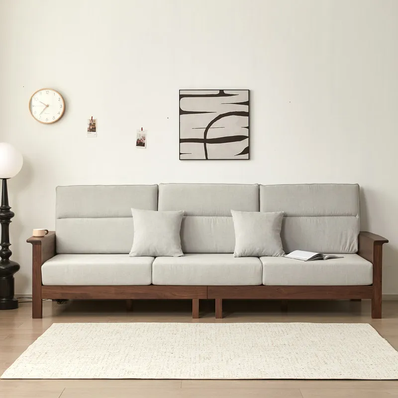 

Customized North American Black Walnut Pure Solid Wood Log Straight Row Sofa, Simple And Modern Large Apartment Living Room Fabr