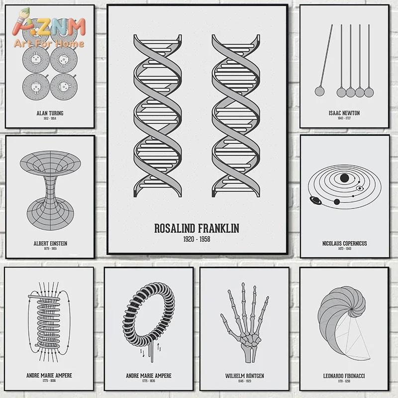 AZNM Minimalist Black White Science Canvas Poster Frameless Wall Art DNA Physics Astronomy Scientist Diagram Print For Classroom