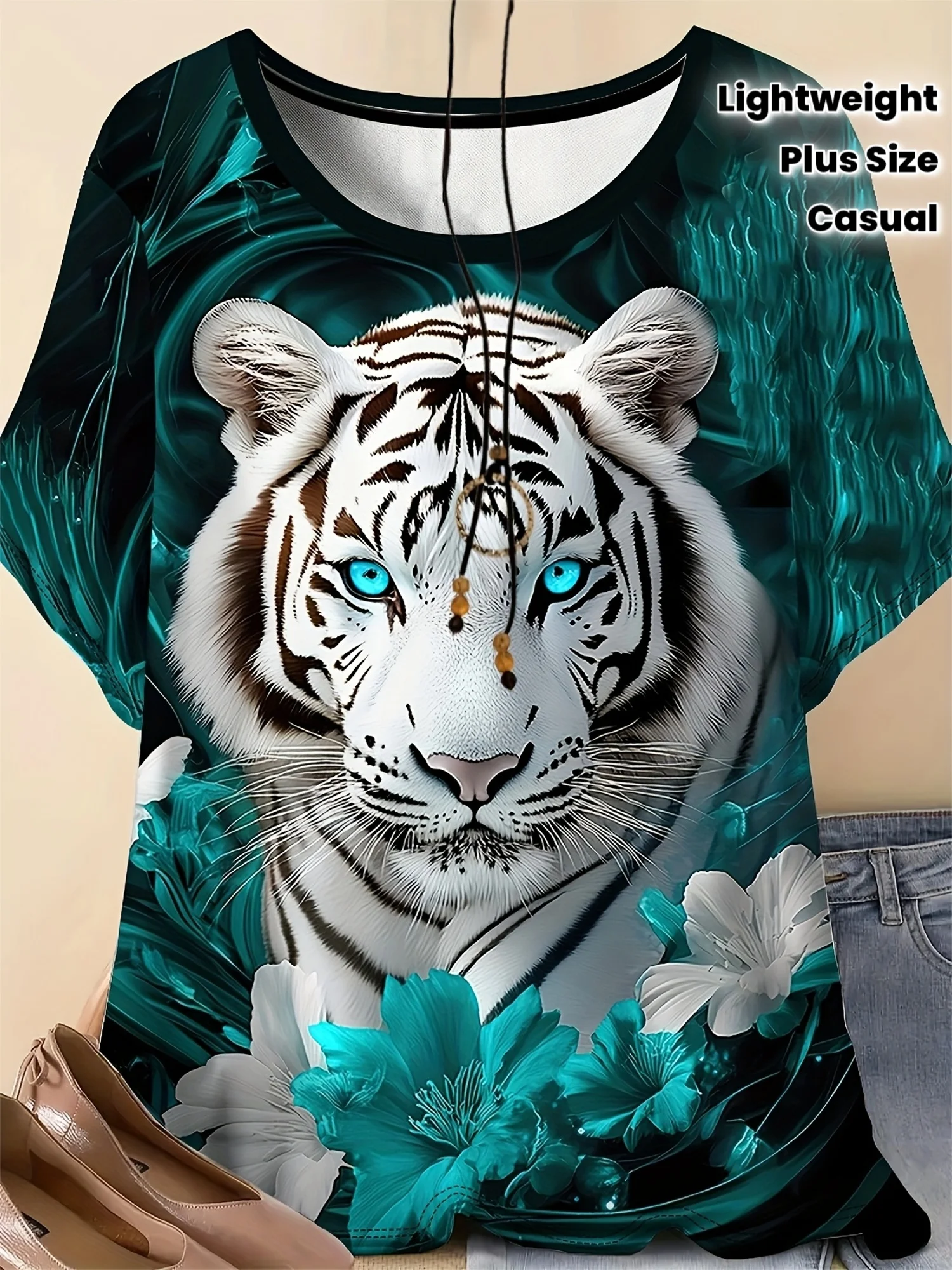 Women  Crew Neck Short Sleeve T-Shirt White Tiger Floral Jungle Print Loose Casual Teal Background Plus Size Ladies Tops