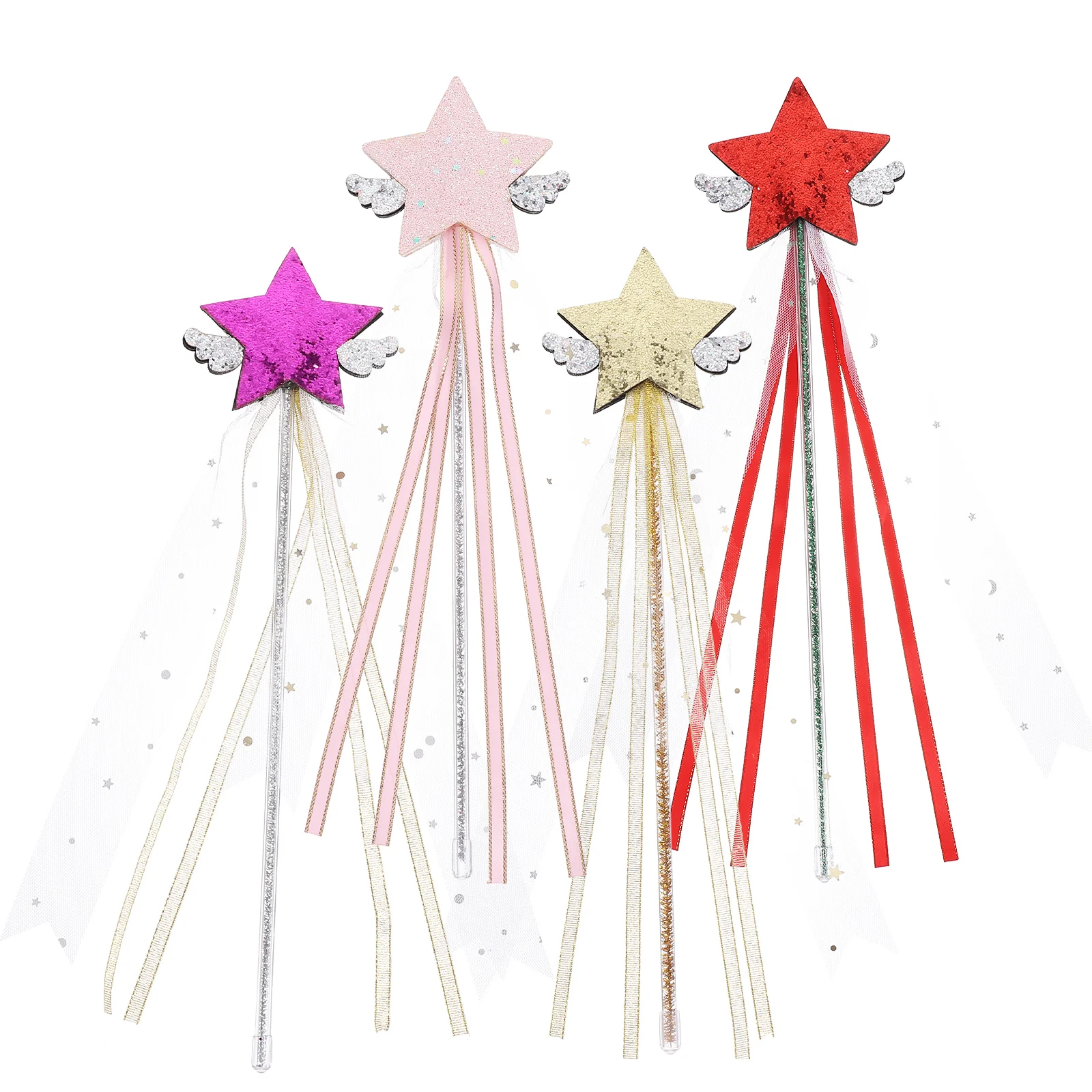 

4pcs Fairy Wand Star Shape Ribbon Design Kids Playthings Girls Costume Stage Performance Sticks Children Props