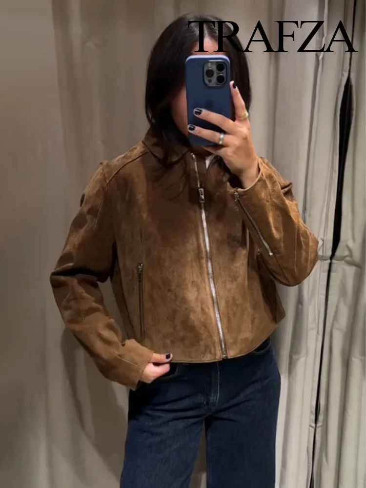 

HH Women's Autumn Fashion Versatile Lapel Short Pure Leather Short Jacket Female Temperature Zipper Pocket Loose Coat Mujer