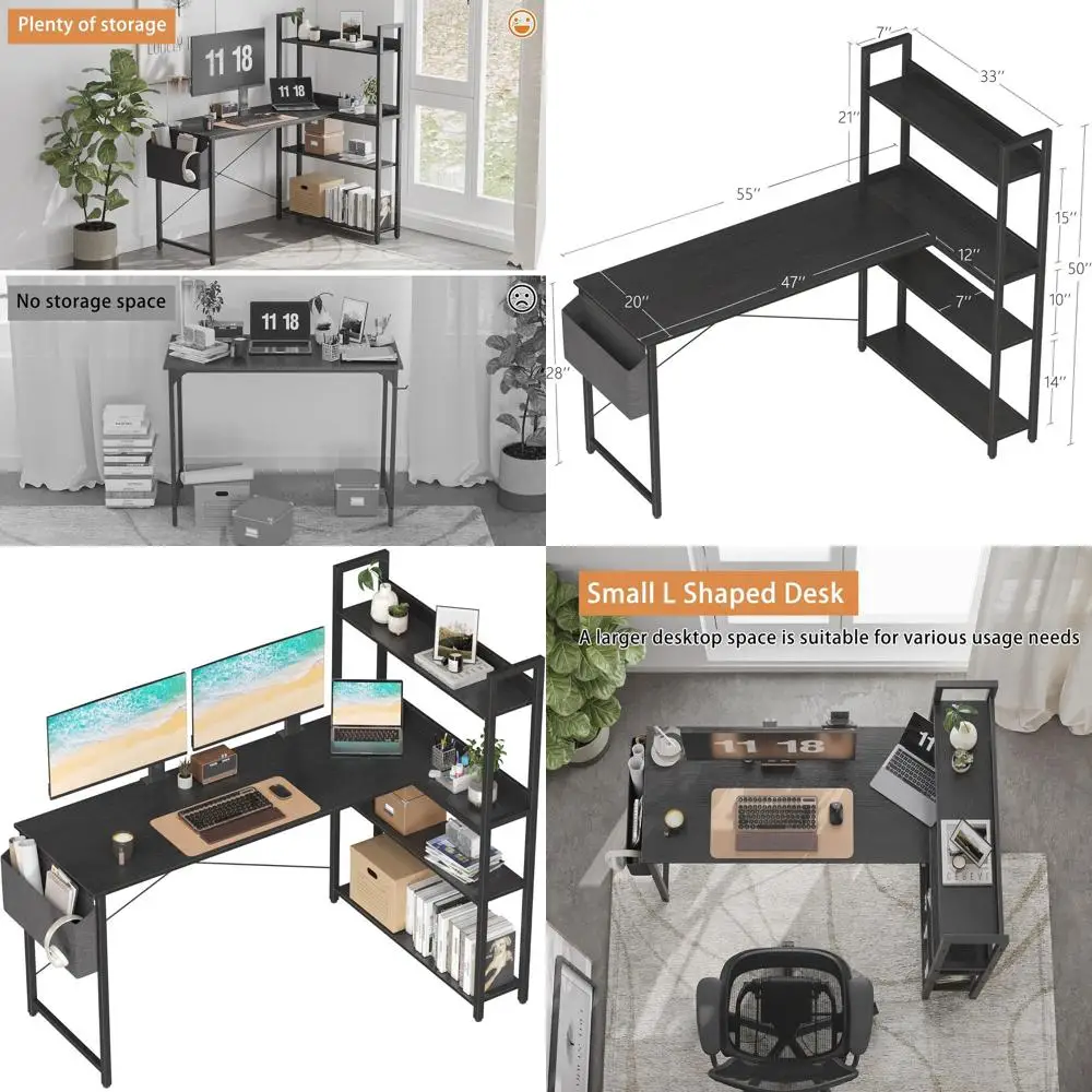 55 Inch Compact L-Shaped Corner Desk with Bookshelf, Ideal for Home Office and Bedroom Study in Black