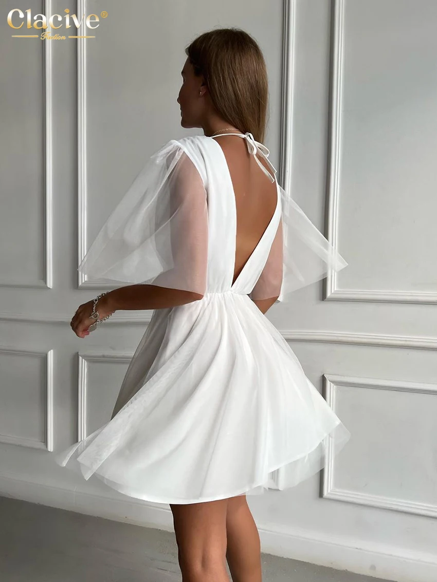 Clacive Sexy V-Neck White Dress Woman Summer Short Sleeve Mini Dresses Elegant Backless High Waist Pleated Female Dress 2022