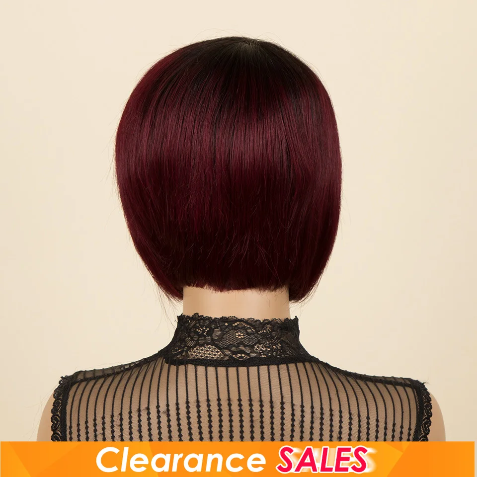 Burgundy 1B/99J Short Pixie Cut Side Part Straight Bob 100% Human Hair Wig For Women Brazilian Remy Hair Color Full Machine Made - Image 4