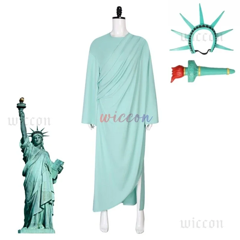 FC6 الكبار تمثال الحرية تأثيري سيدة الحرية زي المرأة الخضراء الوطنية جمع هالوين زي حفلة تنكرية Headwe @ FC8!