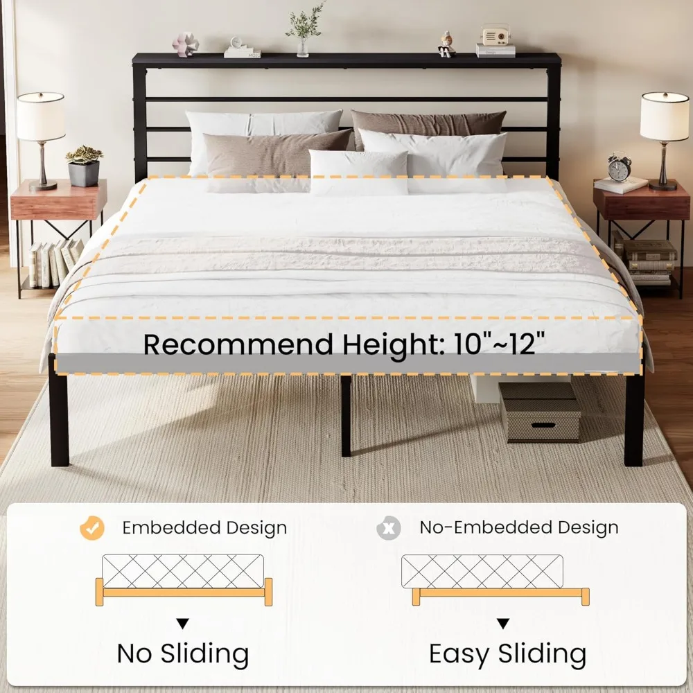 King Size Bed Frame with Headboard Shelf, Heavy Duty Platform Bed Frame with Strong Metal Foundation,No Box Spring Needed, Black