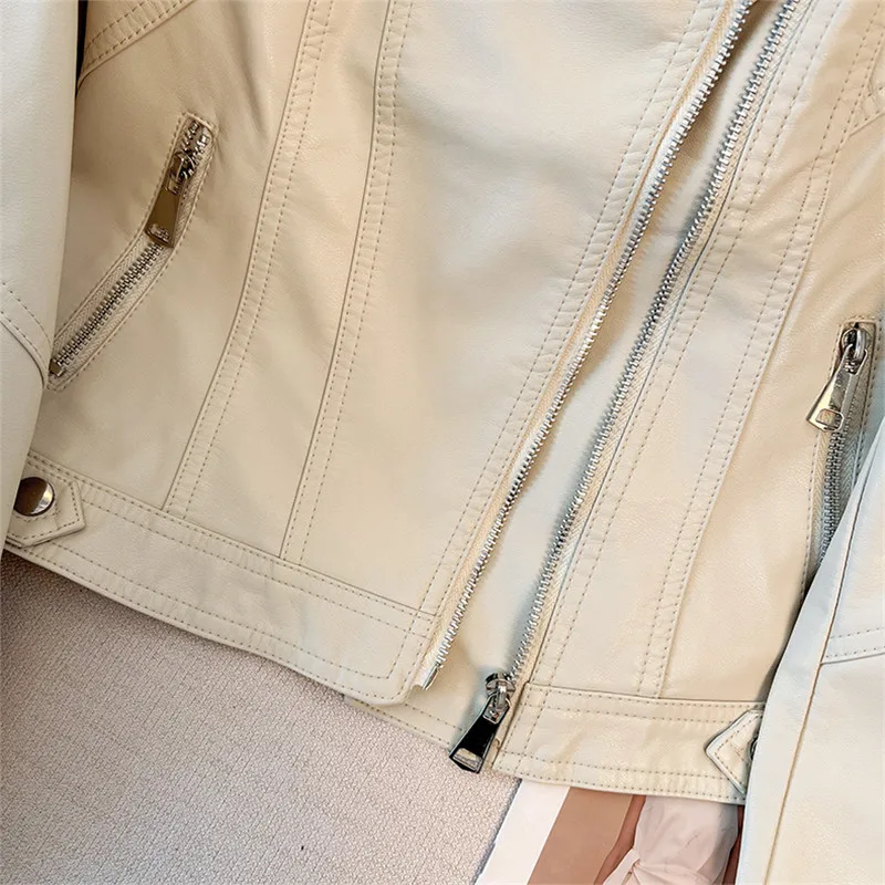 Spring Autumn Coffee Color Beige Black Slim Short Faux Pu Leather Jacket Lapel Zipper Long Sleeve Women Biker Jacket Streetwear