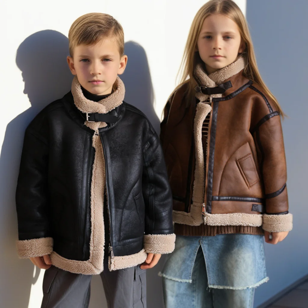 

2025 Winter Kids Suede Leather Jacket Boys Girls Faux Fur Coat Thick Warm Fleece Outerwear Teen Children Top Clothes 2-15 Years